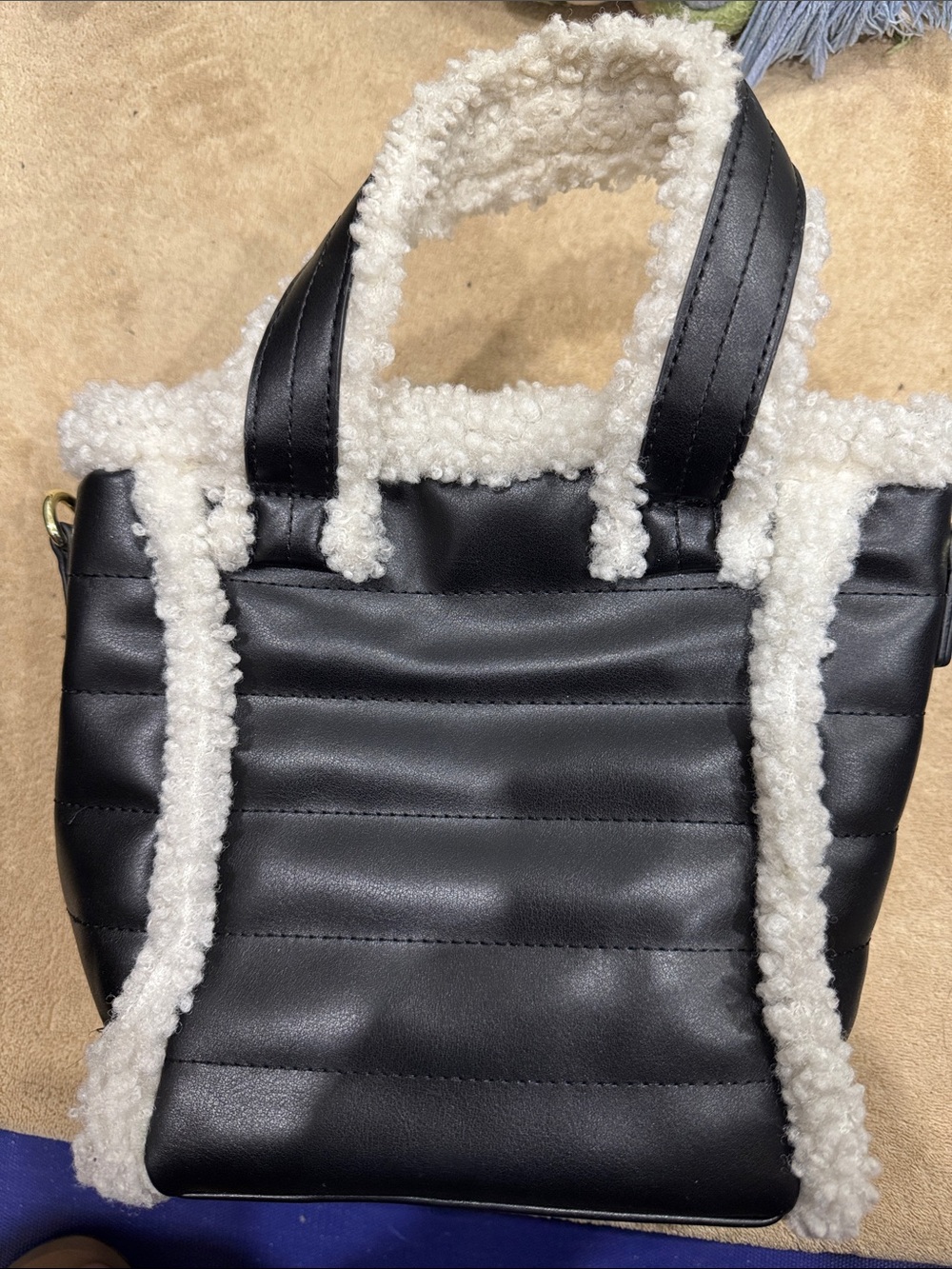 Black Mini Tote with Cream Sherpa Trim - Women